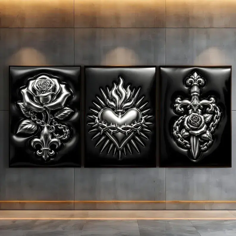 Chrome Hearts Hypebeast Wall Art Poster Set of 3, Black Silver Gothic Sacred Heart Prints, Chrome Rose Decor, Luxury Y2K Room Art, Dark Goth