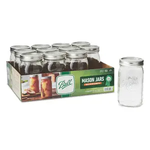 BallWide Mouth Quart 32oz. Glass Mason Jars with Lids and Bands, 12 Count Bottles Organiser Tin Canister
