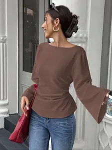 Casual Loose Fit Flare Sleeve Top Blouse with Tie Back Waist Design, Pure Color Women's Fashion Long Sleeve Shirt for Daily Wear