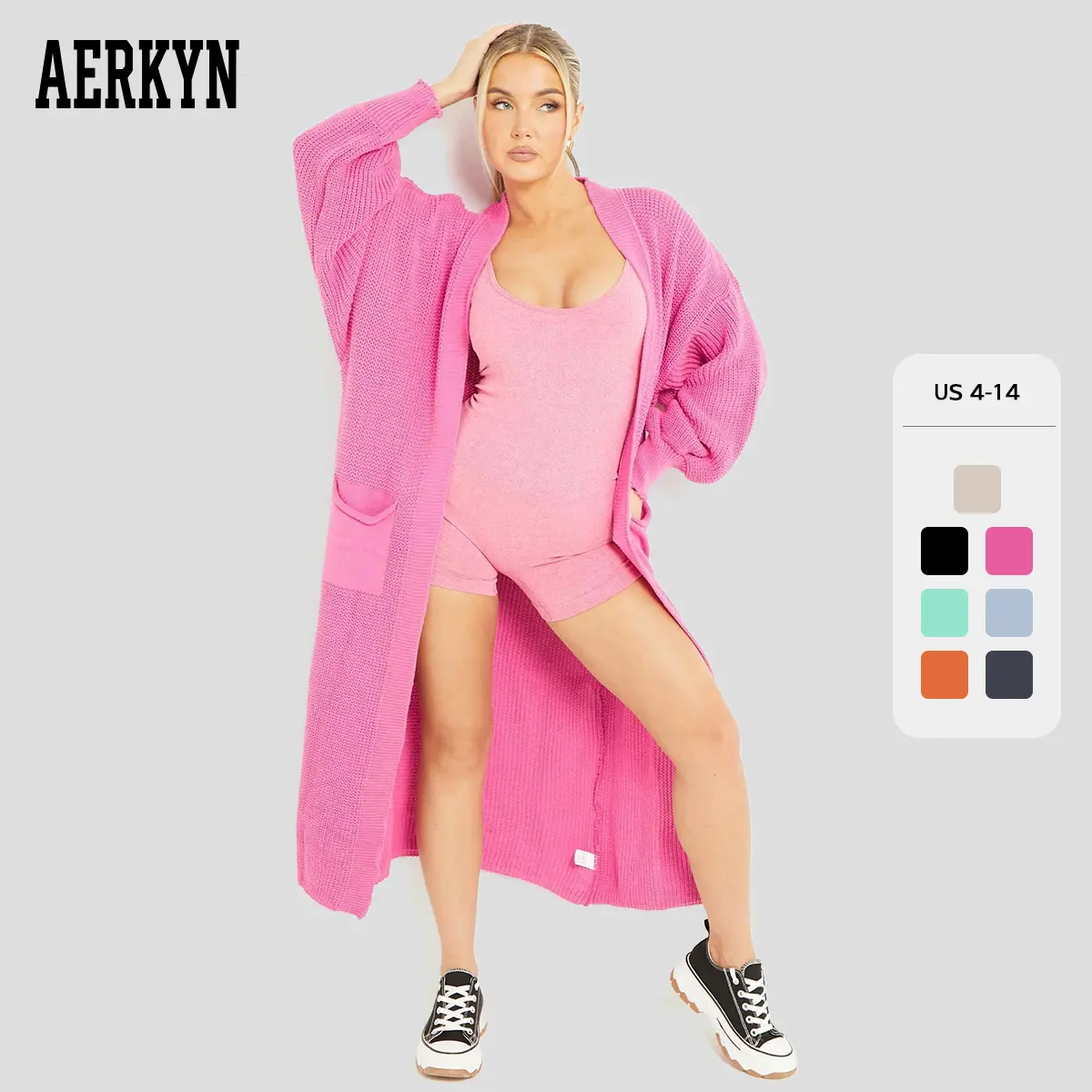 Women's Slouchy Solid Color Balloon Sleeve Cardigan, Minimalist Plain Open-Front Side Pockets Knitwear, Clothes Length 43.5"  (US)
