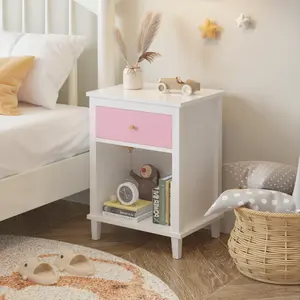 26.77''H Pink Wooden Nightstand with Drawer & Shelf, Golden Handle - Perfect for Kids’ Bedroom, Girls’ Room, or Modern Home Décor! Stylish Bedside Storage with Elegant Design