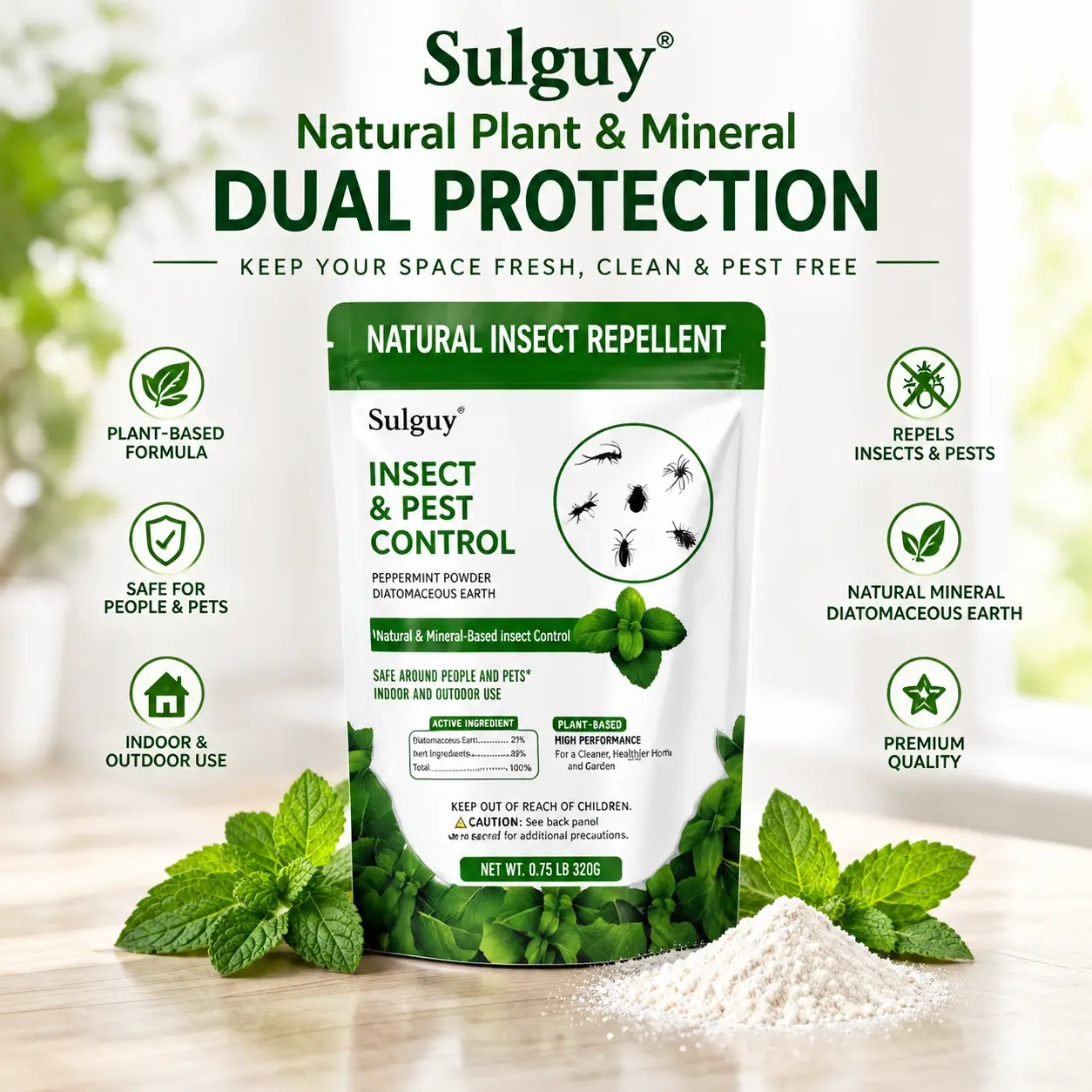 Sulguy Dual-Action Diatomaceous Earth & Peppermint Essential Oil Bug Powder 0.75LB, Pet Safe Natural Insect Repellent, Indoor Ant Killer & Roach Powder Pest Control Barrier for Spiders & Silverfish