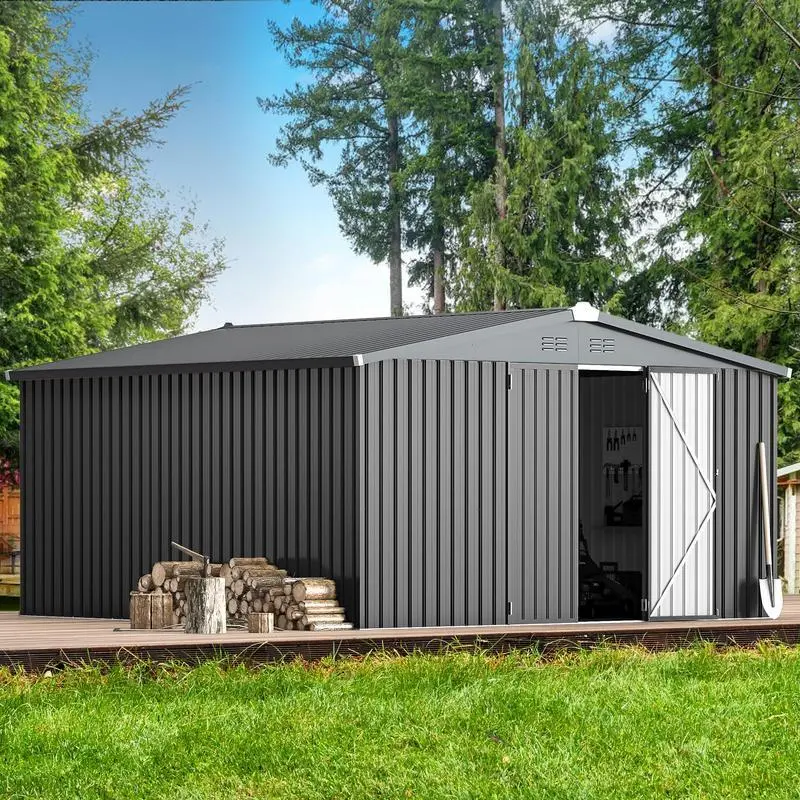 Aoxun Outdoor Metal Storage Shed Lockable Door Anti-Theft Sloped Roof Rain Run-off Sturdy Base Stability Weatherproof Utility Shed for Garden Patio Backyard, Durable Garden Shed, Heavy Duty Shed Rainproof Sunproof Roof
