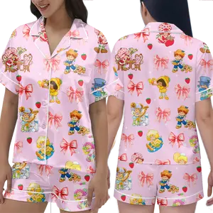 Strrawberry Shortcakke Vintage Pattern Short Sleeve Pajama, Cute Cartoon Sleepwear Set For Women Girls, Pink Retro Loungewear, Sweet Birthday Gift | TS160126.R2579.ID00