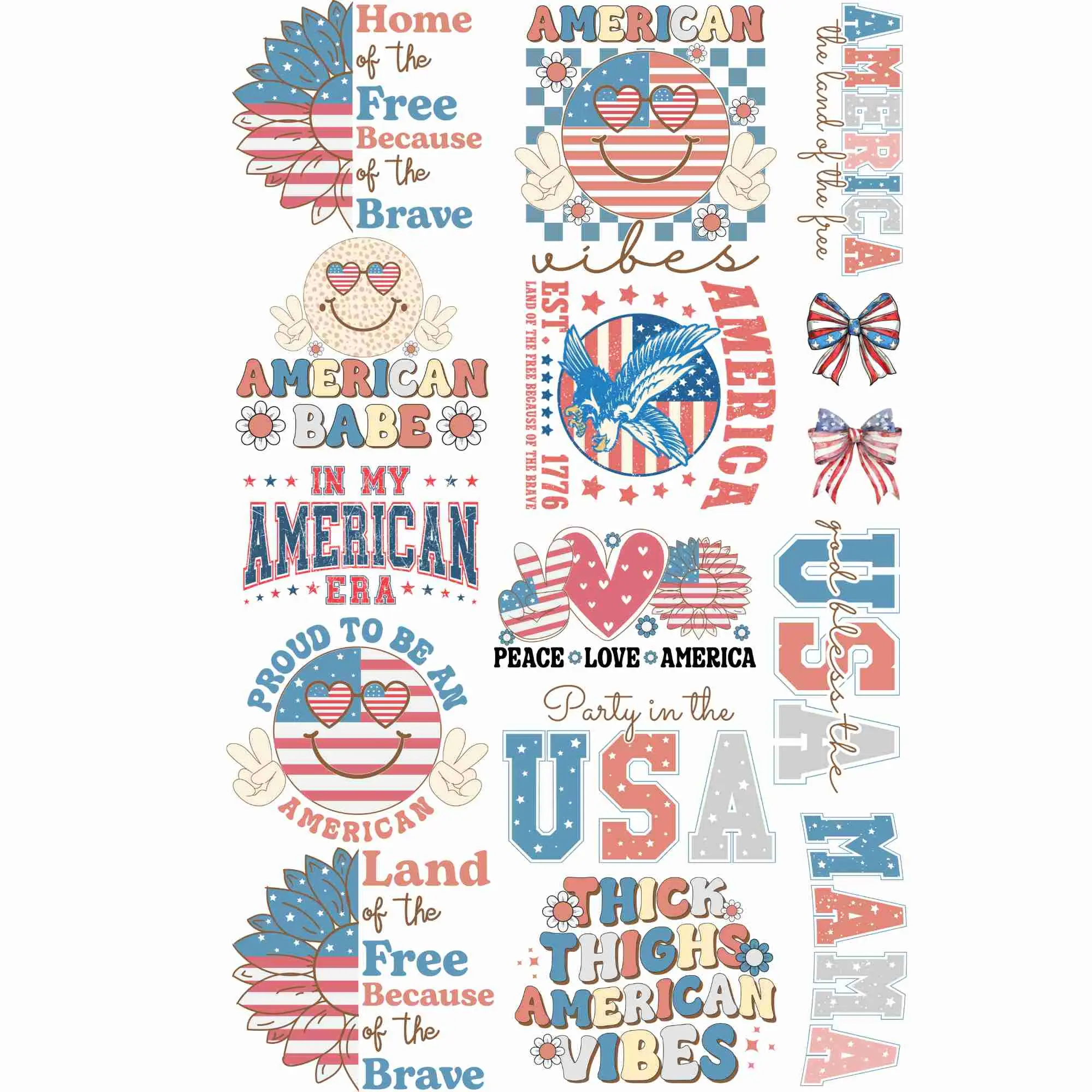 Retro July 4th Independence Day 30x48 Dtf Mockups Included Direct to Film Print Gang Sheet T Shirt Transfers Happy Birthday America In My American Era American Vibes Land of the Free Home of the Brave American Babe Coquette Bow Patriotic USA Proud