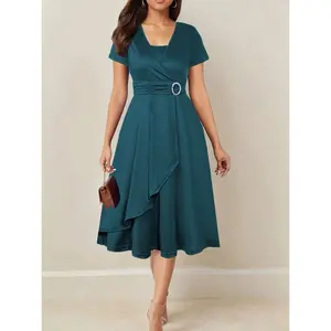 Asymmetrical Hem Short Sleeve V-neck Cross Elegant Solid Color Rhinestone Dress Navy Summer Casual Womenswear