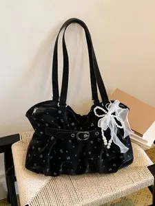 New French pleated minimalist fashion women's bag, sweet polka dot pearl bow shoulder tote bag