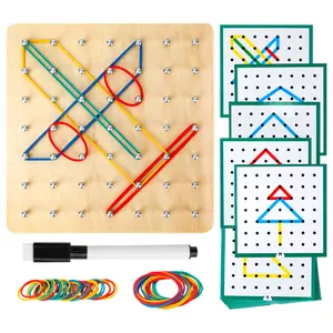 Wooden Geoboard,Montessori Toy,Graphical Mathematical Education Toy for Kids with Pattern Cards and Rubber Bands to Figures and Shapes, Brain Teaser STEM Toy Geo Board (6 * 6 * 0.6 in)