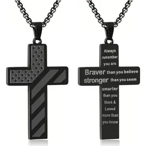 Black Cross Necklace for Men Bible Verse Stainless Steel Cross Pendant Chain American Flag Necklaces Religious Christian Jewelry Gifts