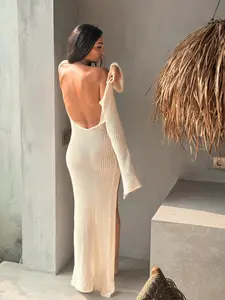 Sexy Backless Side High Slit Long Dress, Long Sleeve Knitted Hollow Out Beach Cover-Up, Elegant Fitted Summer Fashion, Swimsuit Cover Up, Beach Cover Ups