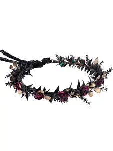 Elf Black Flower Crown - Fairy headband with gothic floral decoration, suitable for Renaissance-style Halloween Renfaire costume for female role-play.