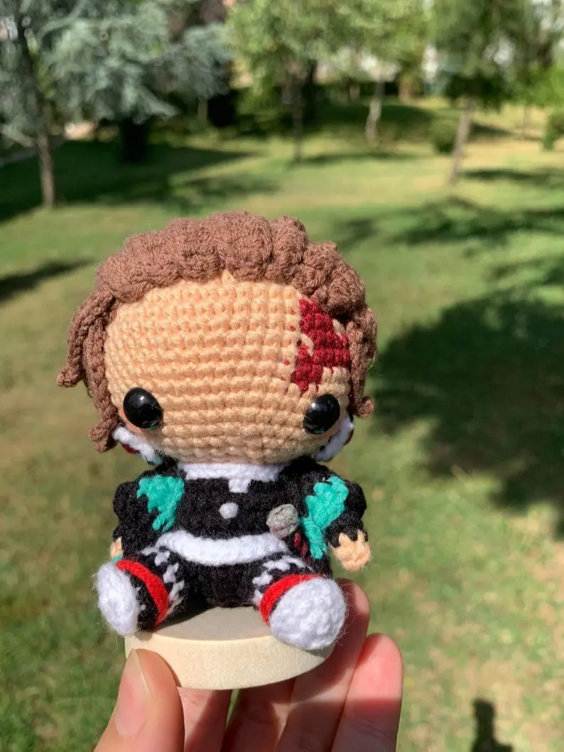 Handmade Amigurumi Tanjiro Inspired- Doll – 10 cm / 4 inch Crochet Demon Slayer Anime Plush – Mini Chibi Collectible Figure Crochet Doll