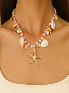 1pc Women'S Golden Starfish Shell Faux Pearl Necklace Bohemian Beaded Shell Choker Necklace Beach Hawaiian Holiday Mermaid Additions Jewelry for Summer Beach Vacation Matching