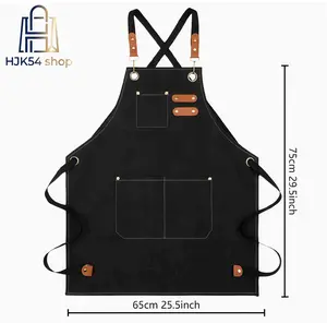 Canvas Apron with Reinforced Shoulder Straps & Multiple Pockets, Durable Work Apron for Kitchen Cooking, Baking, BBQ, Gardening and Crafting, Stylish Apron with Leather Accents for Men and Women