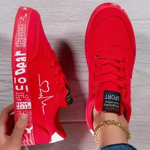 Women's Red Canvas Sneakers - Breathable Casual Skate Shoes with Heart Design, Lace-Up Flat Shoes for All Seasons, Comfortable and Stylish Valentine's Day Footwear, Allseason Shoes | Valentine's Themed Footwear | Laceup Closure