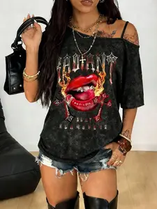 Women's Fashion Sexy Daily Romantic Charm Academy, Casual Street Top Print, Knitted Fabric Medium Stretch, Perfect for Party, Travel, Holiday Gifts