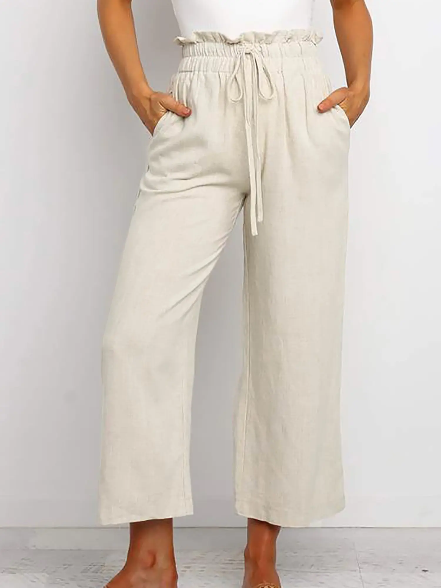 Paperbag Waist Straight Leg Cropped Pants, Straight Pants With Side Pockets, Cropped Length Makes It More Fashionable.