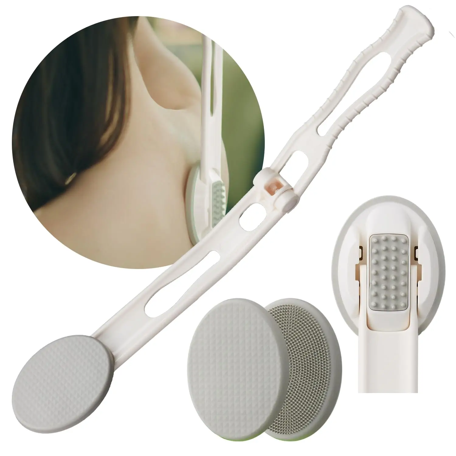 Lotion Applicator for Back - 3in1 Foldable, Cream, Sunscreen, Ointment Applicator, 19" Long Handle, Body Massage Tool - 1 Body Brush Pad, 1 Lotion.