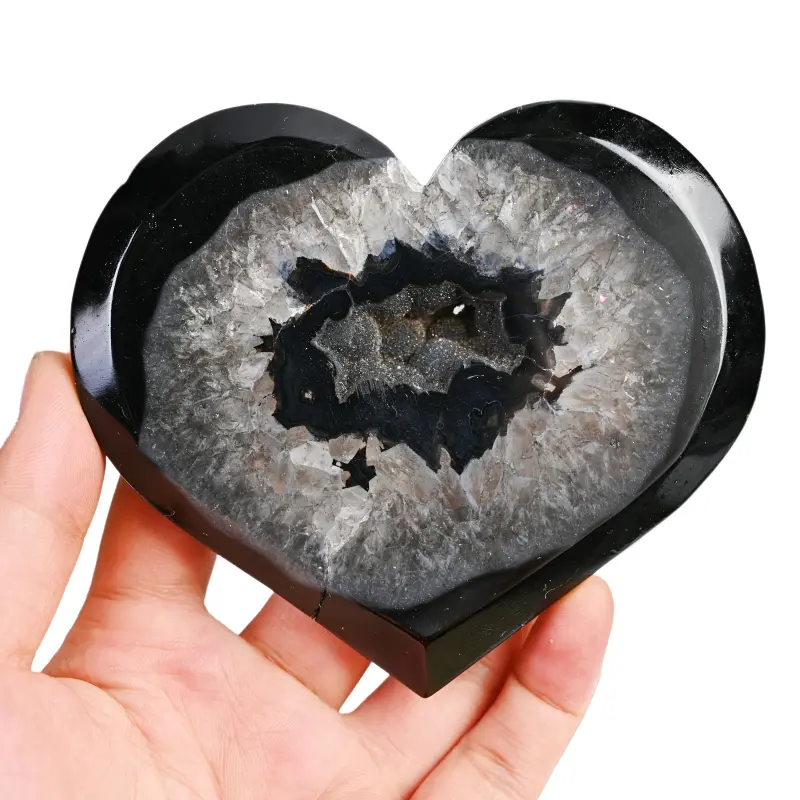 Crystalhola Natural Black Agate Heart-Shaped Geode Crystal - Polished Natural Stone Decor Home Ornament, DIY Crafts Accessory for Home Decor & Special Occasions, Agate Chalcedony