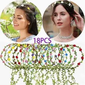 18pcs Boho Chic Floral Crown Headband, Vibrant Flower Crown & Fairy Wreath Kit - Colorful Floral Garland Headbands With Green Leaves - Ideal For Weddings, Festivals, Holidays & Photography Props, Summer And Graduation Must