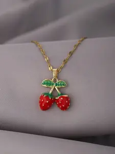 Elegant Strawberry Copper Pendant Necklace, Cubic Zirconia, Stainless Steel Chain, Summer Jewelry Gift for Girls and Women