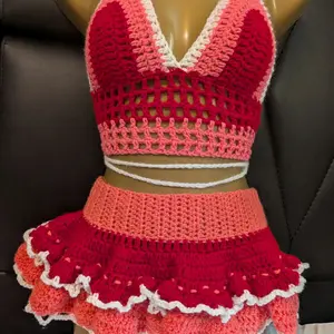 Crochet Layered Skirt and Crop Top - Red and Pink Ruffled Design with White Trim