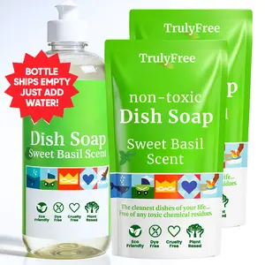Truly Free Non-Toxic Dish Soap Kit | Plant-Based Dish Detergent | Sweet Basil Fresh Scent | Includes 1 Empty Squeeze Bottle + 2 Dish Soap Pouches | Must Add Water Before Using!