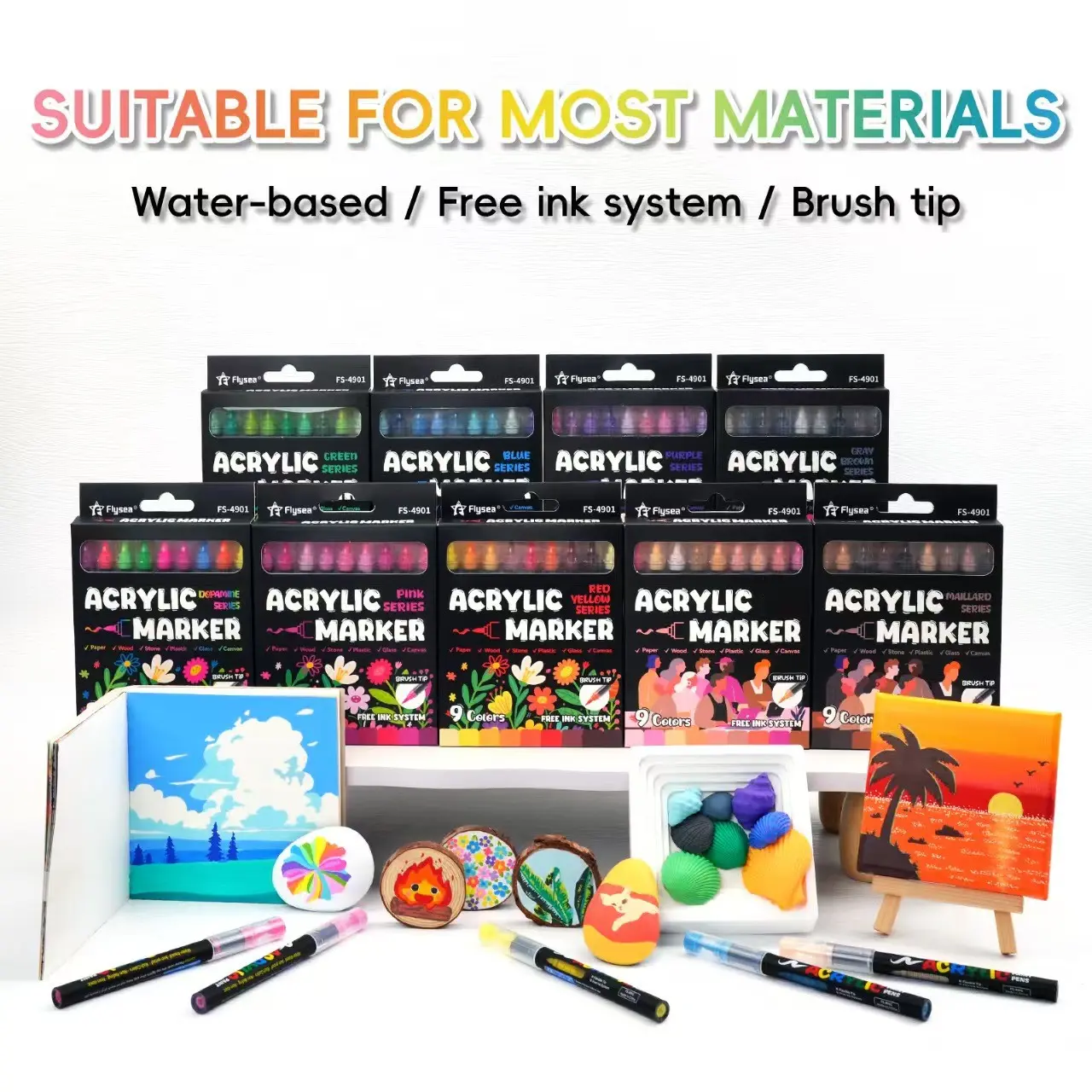 9 Color Acrylic Markers with Soft Tips for Students, Non-Transparent Blendable Paint Pens for Rock Canvas Wood Glass Metal Ceramic Crafts