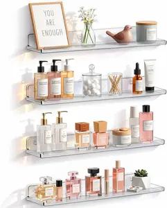 Floating Shelves for Bathroom, 14" Acrylic Wall Organizer for Perfume, Makeup, Figures, Nail Polish, Photo, Book, Decor Display Rack for Nursery, Living Room, Bedroom, Kitchen, Clear, 4 Pack