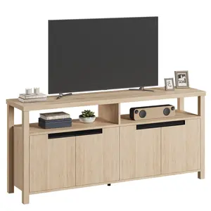 Rustic Boho Farmhouse TV Stand for TVs up to 70 Inches - 63" Long Entertainment Center with 4 Doors & Open Shelf - Large Wood Console Table for Living Room or Bedroom