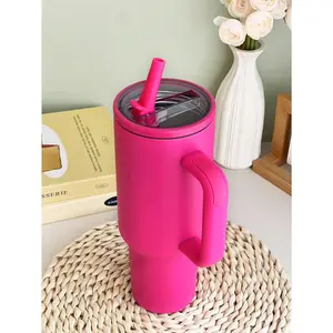 40oz Leak-Proof Stainless Steel Travel Mug/Cup With Lid, Straw, And Handle, Suitable For Hot/Cold Beverages Water Bottle