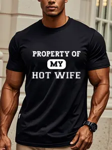 1pc "Property of My Hot Wife" Men's T-Shirt - 100% Cotton, Crew Neck, Short Sleeve, Regular Fit, Ideal for Valentine's Day, New Year's Day, Father's Day, Christmas - Casual All-Season Wear, Allseason Apparel |   Bold Text Design |   Comfortable Fit