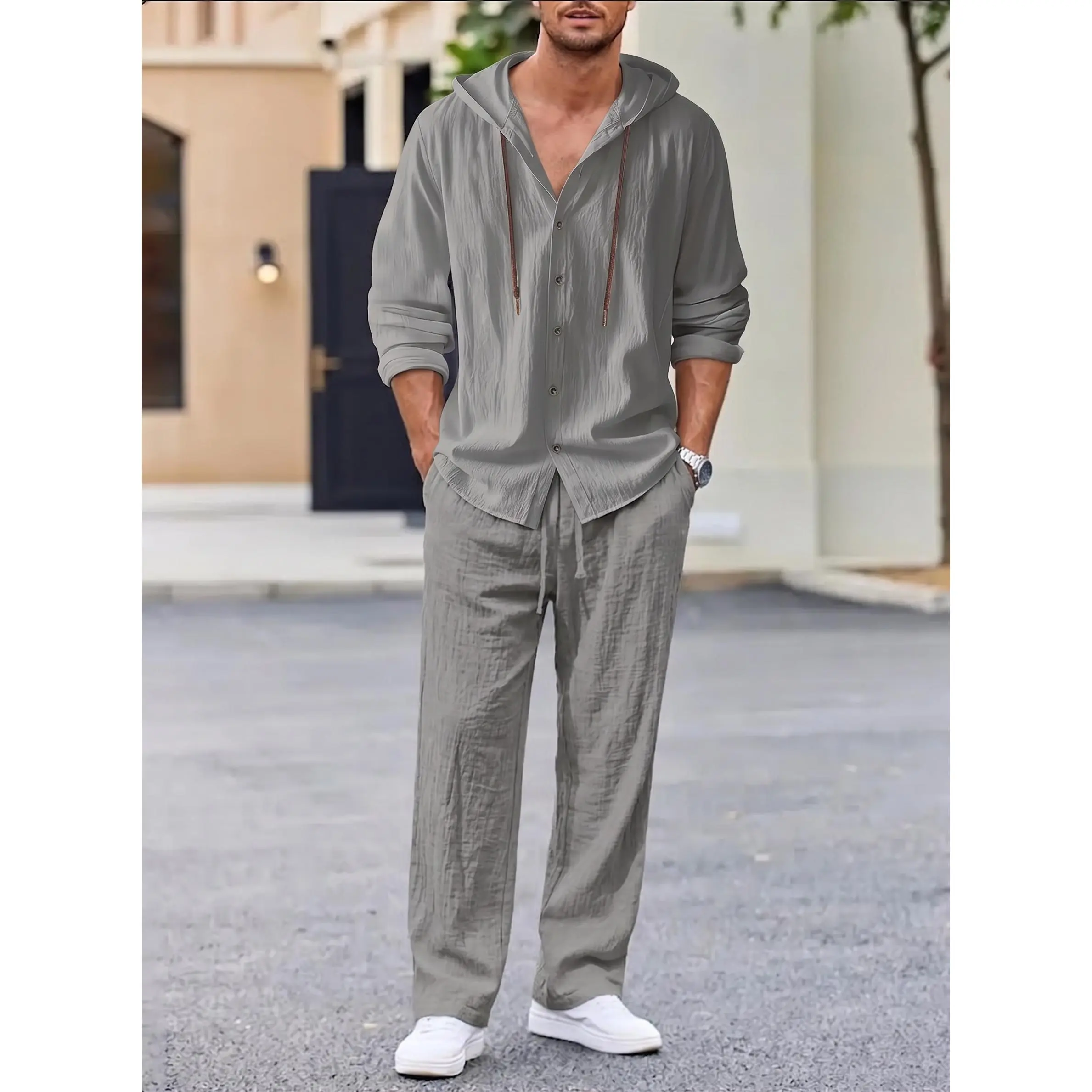 Men's 2-Piece Linen Suit - Crinkle Fabric Long Sleeve Hooded Shirt & Loose Wide-Leg Drawstring Trousers with Pockets, Clothes, Aesthetic, Baggy, Plain, Breathable, Chic, Button, Oversize, Retro, Ootd Ideas, Casual Fit, Holiday