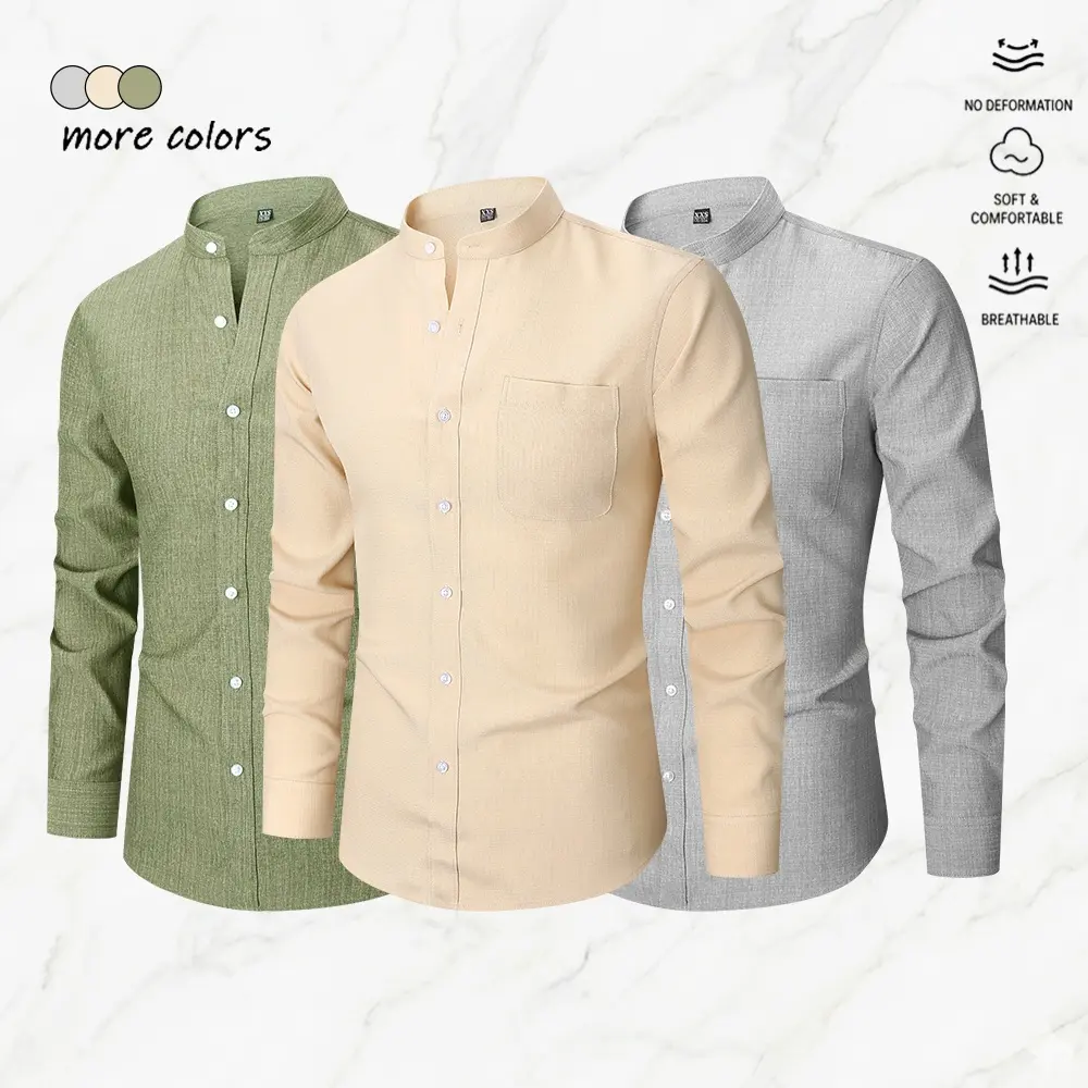 Menswear Men's Classic Solid-Color Long-Sleeve Shirt, Regular Fit Casual Top with Button Closure & Stand Collar, Suitable for Work Offices & Business Occasions, All-Season Unisex Clothing.Summervibes