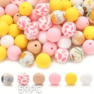 59 Bright 15mm Silicone Beads Set - Perfect for DIY Keychains, Bracelets And Pen Decorations | Various Colors And Patterns, Keychain Accessories | Playful Patterns | Smooth Surface Beads, Silicone Figurine Beads