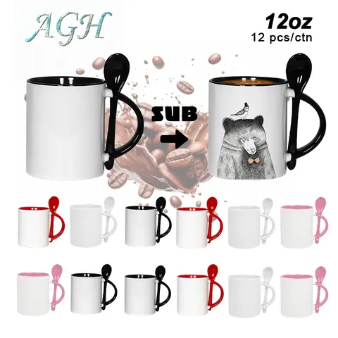 AGH 12pcs 12 oz Ceramic Mugs Sublimation Blank Coffee Cup with Tea Spoon for Custom DIY Funny Valentine's Decor Drinkware Reusable