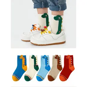 5 Pairs Kids Socks, Cartoon Neck Dragon Dinosaur Design, Mid-Calf Length, Unisex Socks for Spring & Fall