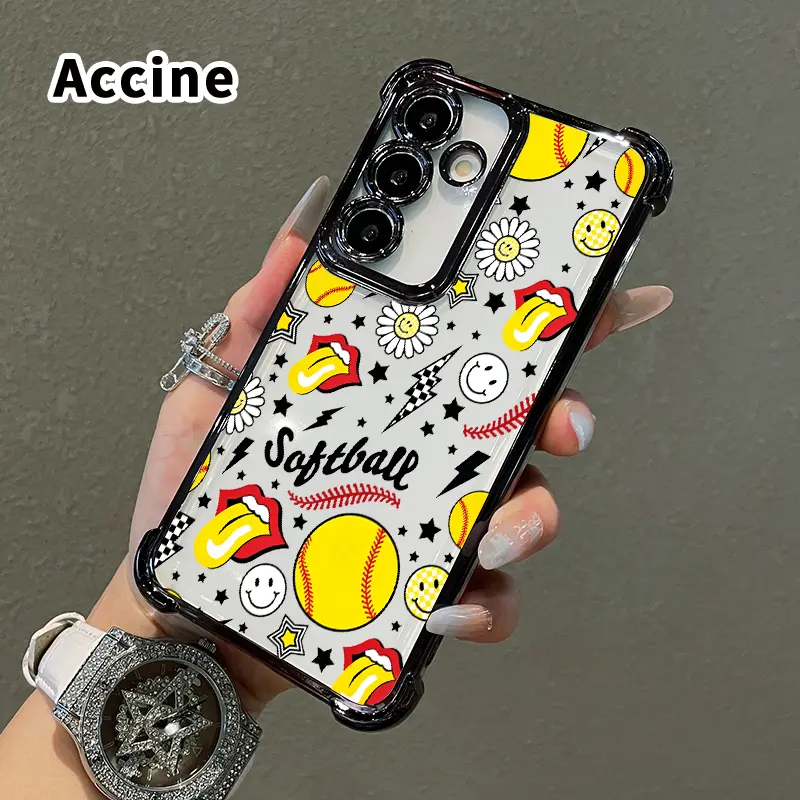 Phone Case Compatible with Samsung Galaxy S26 Ultra S24 Plus S25 S22+ FE Edge Softball Pop Art Four Corners Air Cushion Pattern Anti-drop Cell Electroplated Transparent Silicone Cover