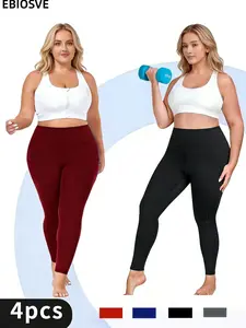 4pcs Plus Size Women'S High-Waisted Leggings with Pockets - Soft Stretchy Workout Pants, Athletic Fit & Convenience, Leggings for Women Comfy Breathable, Leggings De Yoga, Exercise Clothes for Women, Soft Stretchy Workout Yoga Pants for Curvy Women