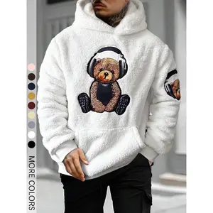 Men's Cartoon Bear Embroidery Pocket Fuzzy Hoodie, Regular Fit Casual Long Sleeve Hooded Sweatshirt for Fall & Winter, Men's Clothes for Daily Wear