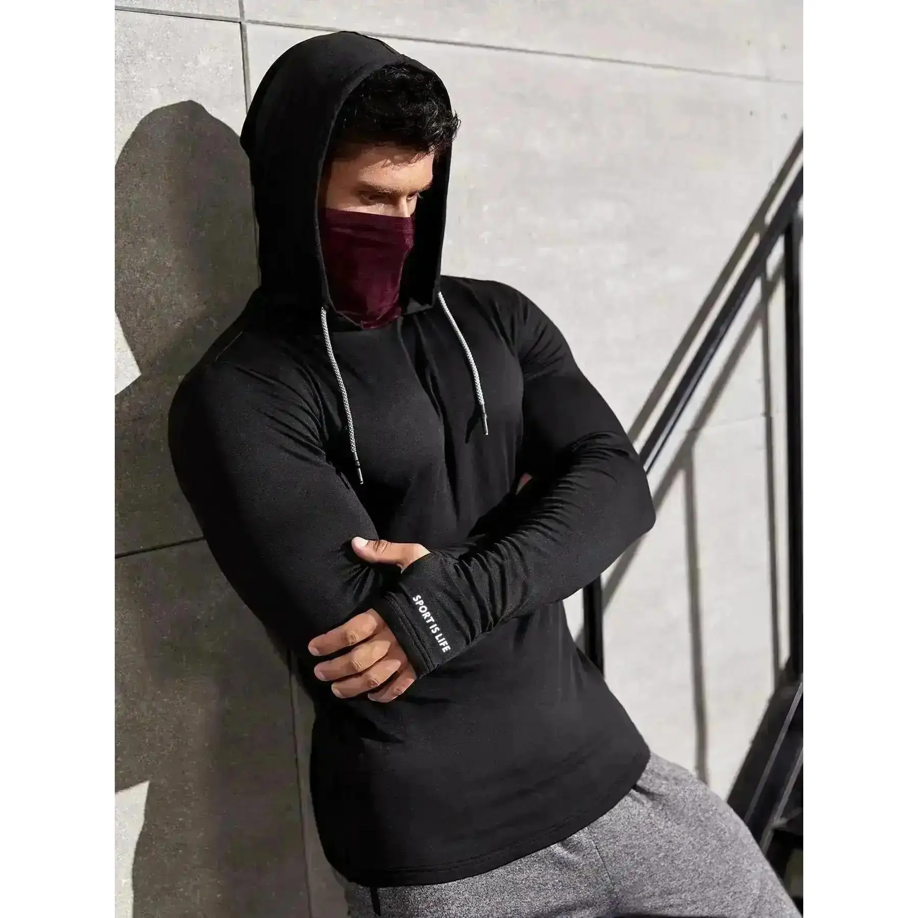 2026 Men's Slim Letter Print Thumb Hole Long Sleeve Sports Rashguard, Casual Drawstring Hooded Top for Spring & Fall, Sportswear Clothing National Day Offers, Stylish Design basics luxe feel