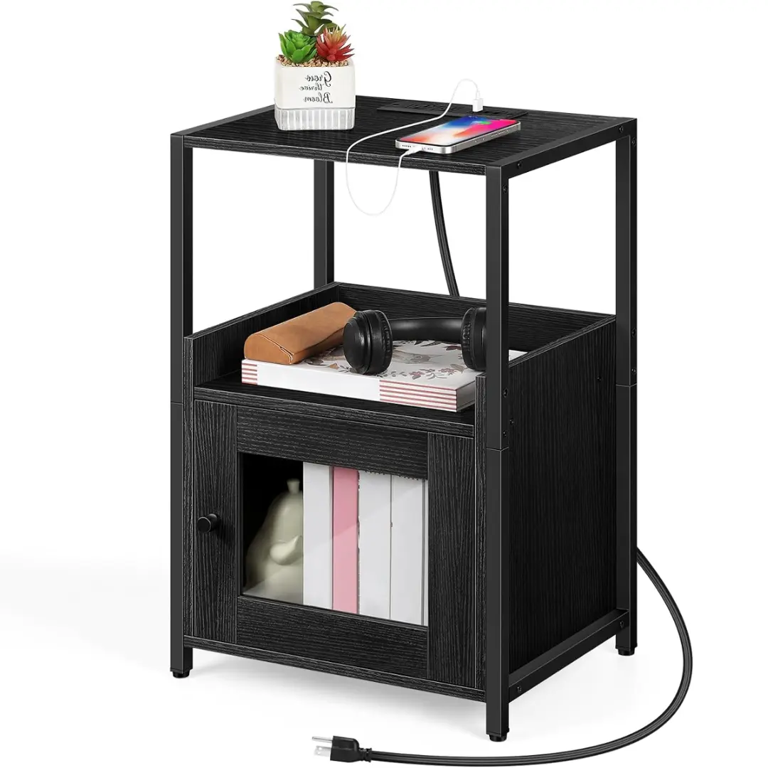 Modern Bedside Table - Black Industrial Indoor Furniture with Charging Station, Storage Shelf, Cabinet, Ideal for Bedroom, Living Room