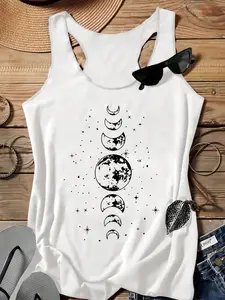 Summer Loose Fit Moon Phase Print Tank Top for Women, Casual Sleeveless Clothing Shirt, Retro Starry Sky Design, Comfortable, Breathable and Lightweight, Multicolor Options, Womenswear