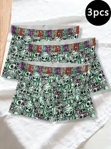 Men's Boxer Briefs 3-Pack, Vibrant Cartoon Prints, Street Style Graffiti Trunks, Casual Daily Wear, Breathable High Elastic Fit