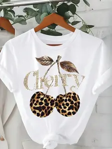 Leopard Print Cherry Graphic Cotton T-Shirt, Vintage Y2K Casual Tee for Women
