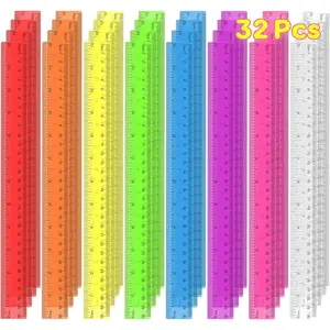 32 Pcs 12 Inch Clear Plastic Rulers, Transparent Assorted Color Bulk Rulers with Millimeter and Inches, Kids School Rulers, Ideal for Back to School Office Home Supplies