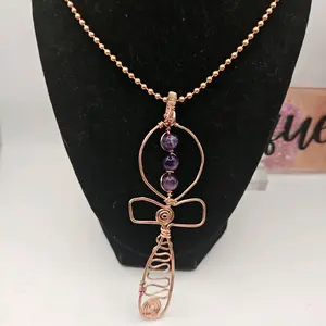 Ankh Pendant Necklace with Crystal Beads and Copper Wire Crafted for Unique Style
