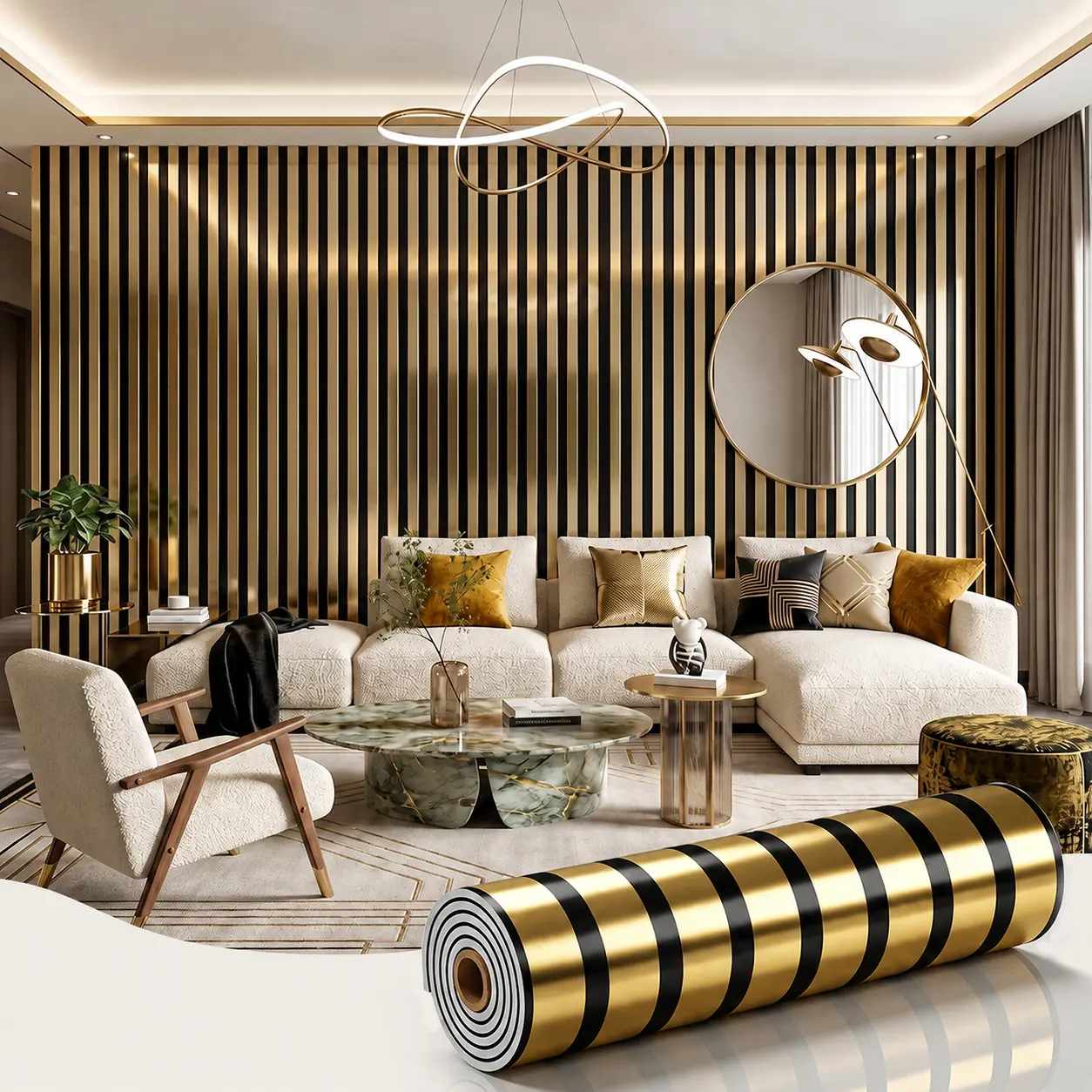 1 Roll Gold/Silver Foil Wide Striped Wallpaper, Self-Adhesive PVC slat wallpaper, 2 mm thick mirror-reflective finish, waterproof & wear-resistant wall covering for TV walls, living rooms, bedrooms & commercial spaces