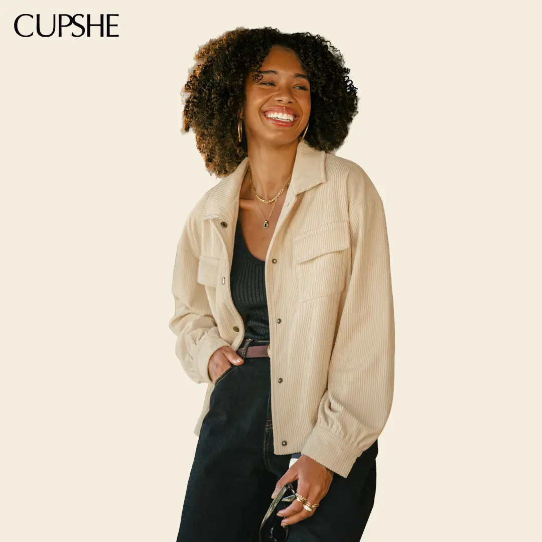 CUPSHE Women's Grey Area Beige Jacket, Corduroy Collared Button Front Shacket, Long Sleeve Drop Shoulder, Two Chest Pockets, Soft Ribbed Shirt Jacket, Fall Winter Warm Outerwear Coat#SohoChic