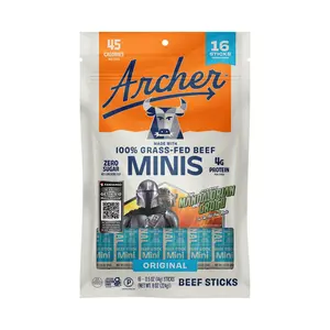 Archer Original Beef Minis - 16ct, 100% Grass-Fed, Zero Sugar, Gluten-Free, Paleo, 4g Protein, Savory Snack - Meat, Beef Jerky Sticks